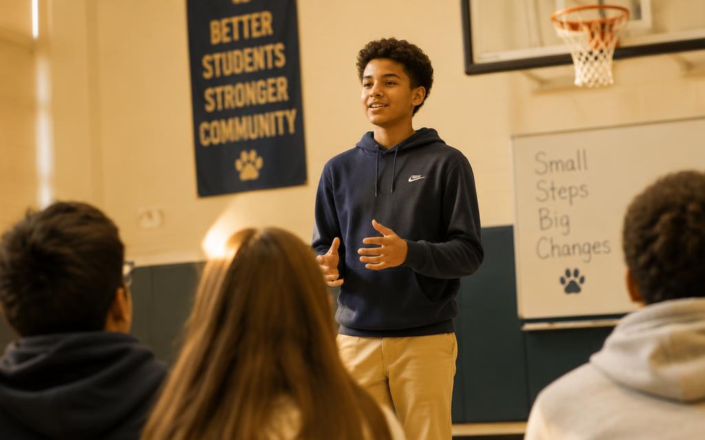 A student speaking confidently in front of classmates