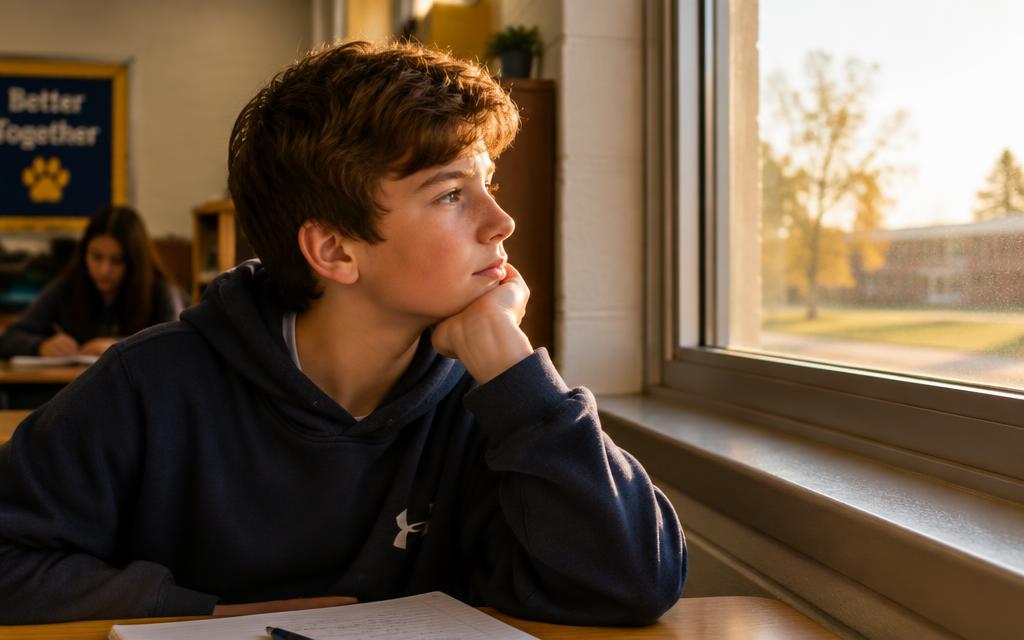 A student looking thoughtfully out of a classroom window