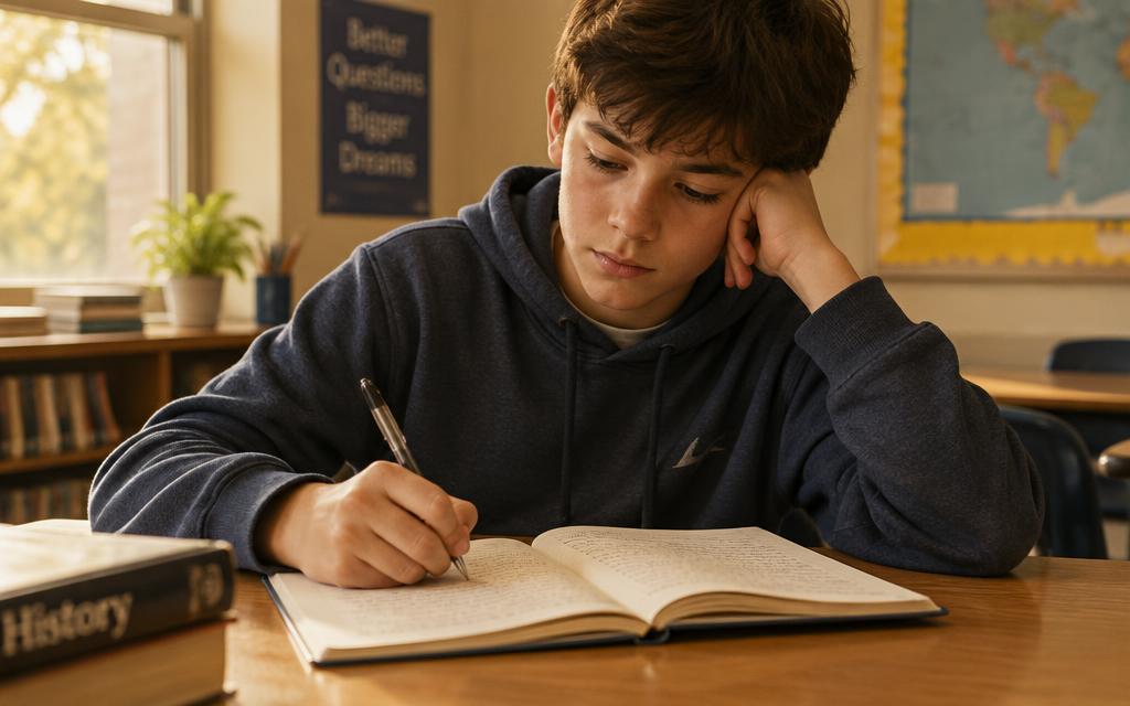 A student writing in a journal at his desk