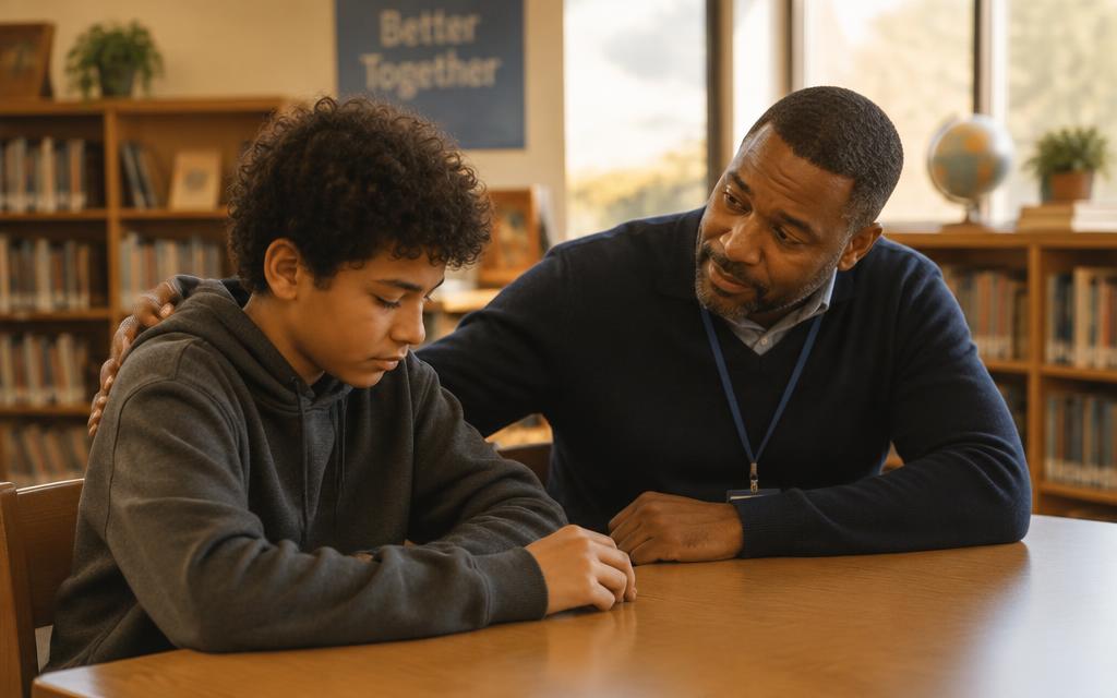 A mentor sitting beside a student in a supportive listening moment