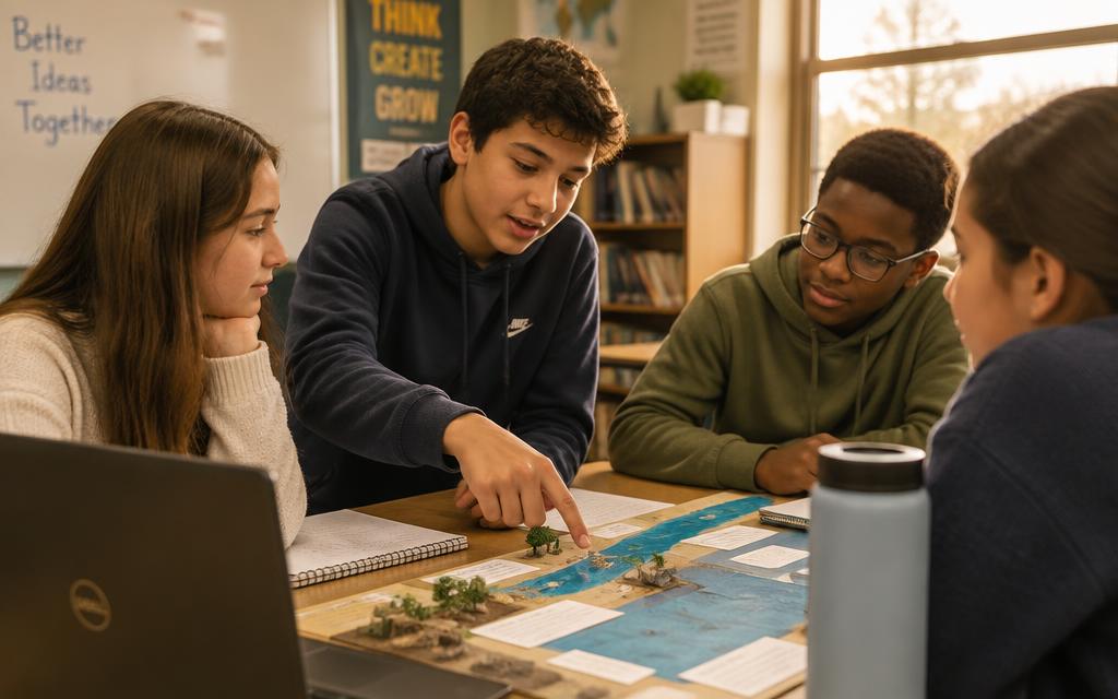A student leading a small group of classmates around a table