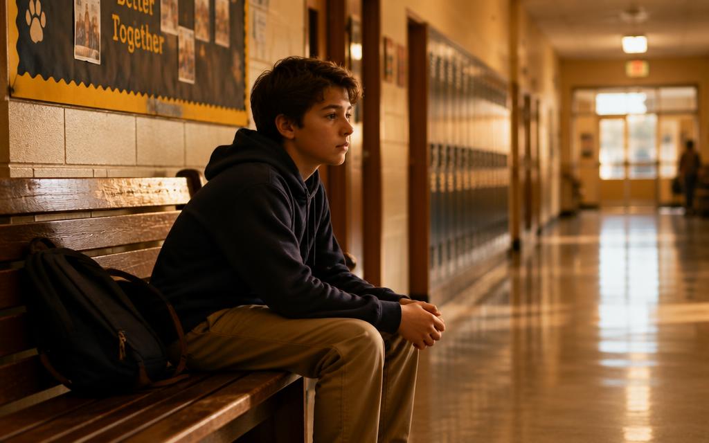 A student sitting in quiet reflection in a school hallway