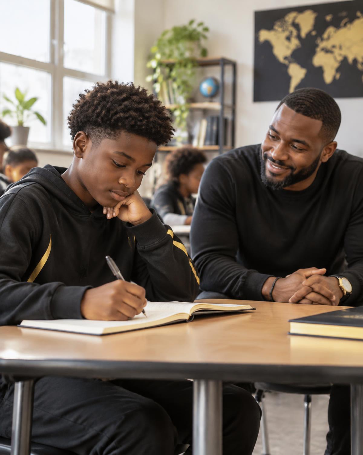 A student reflecting in a journal with a mentor nearby